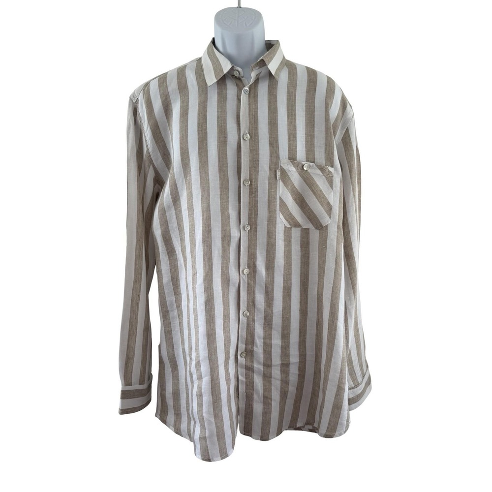 Francesco Casola Shirt Mens XL Beige Stripe 100% Linen Made Italy Long Sleeve